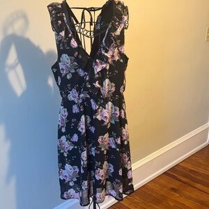 Love Tree Black Floral Ruffle V-Neck Mini Dress